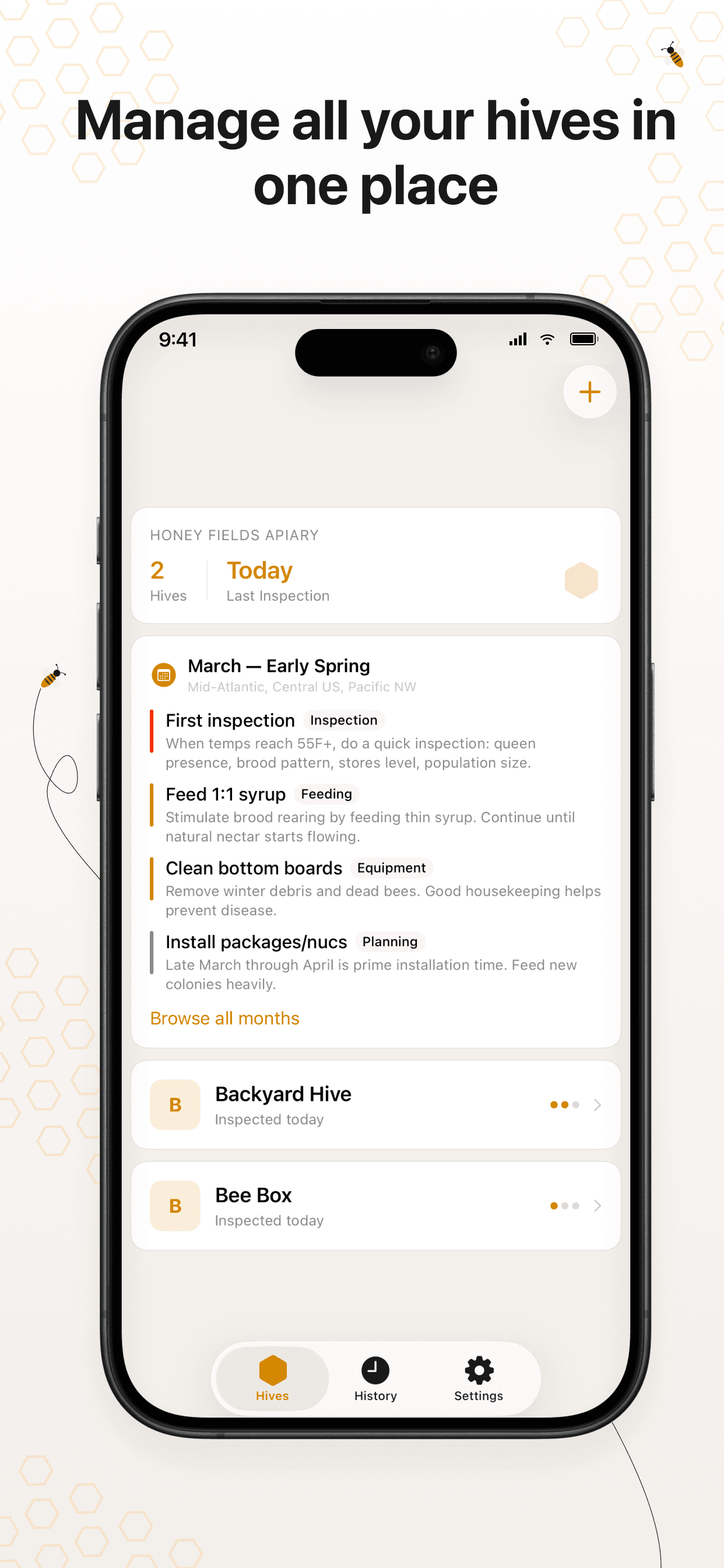 Manage all your hives in one place — hive list and seasonal tips